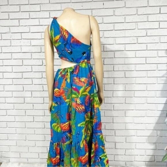 Farm Rio “Sunny Day” One‑Shoulder Maxi Dress – Tropical Cut‑Out Tiered Size M - Picture 14 of 16